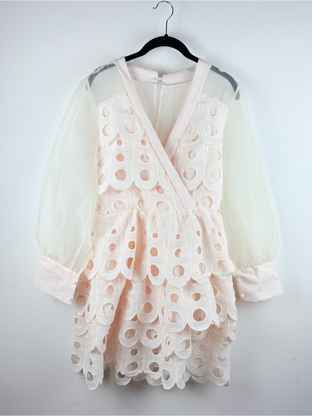 Women’s Pink Lace Cutout Scalloped Sheer Sleeve Dress Romantic Party Elegant S